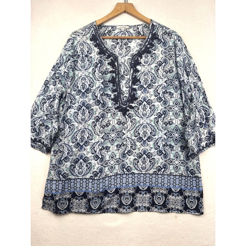 Rose and Rhyme Blouse Womens 3X Paisley Crochet Trim Peasant Top